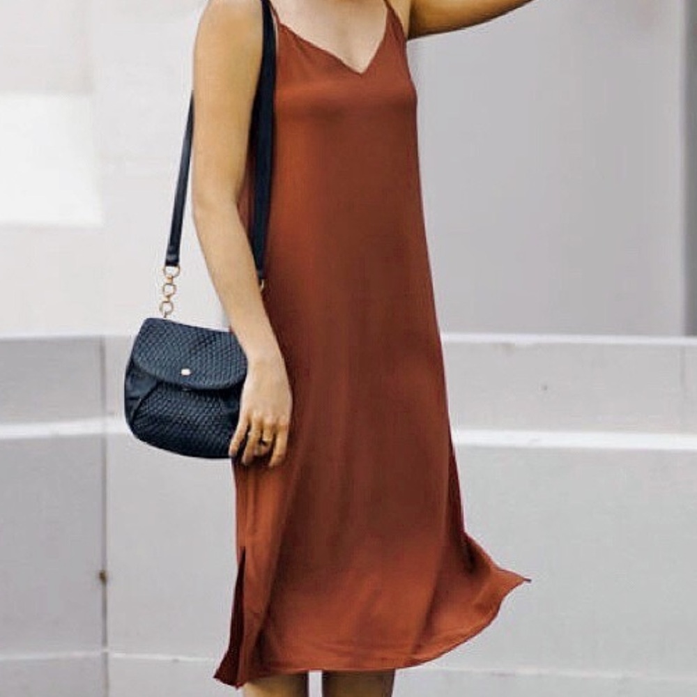 Uniqlo Crepe Camisole Spaghetti Strap Midi Long Slip Dress Rust Burnt Orange S